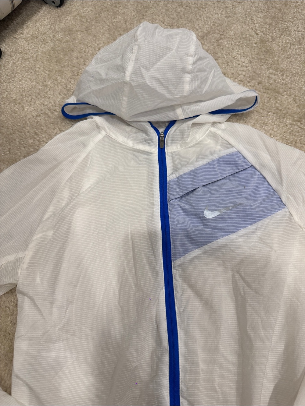 Nike White Hooded Windbreaker with Blue Accents